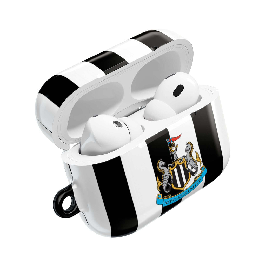 Newcastle Utd FC black and white striped AirPods case with club crest, durable protective hard shell for AirPods and AirPods Pro
