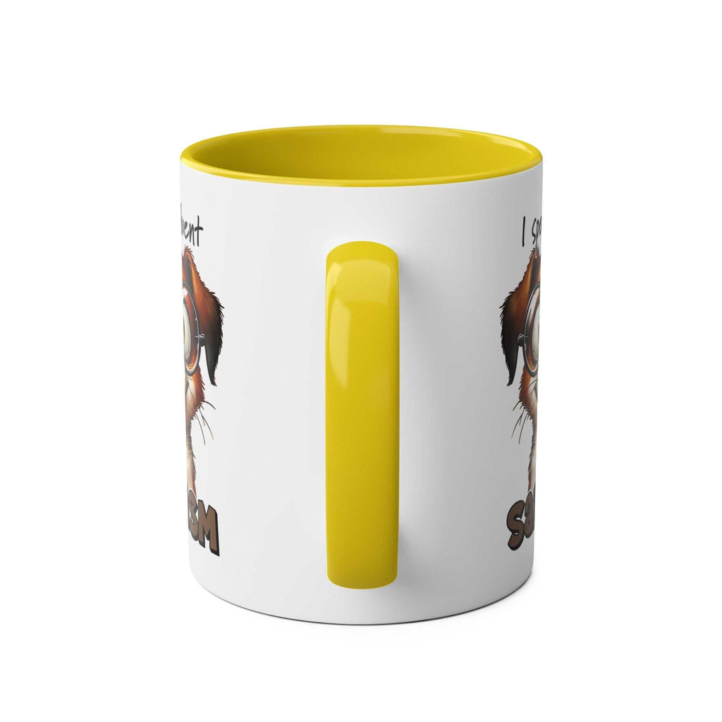 Quirky dog design on Sarcasm Coffee Mug with yellow handle and interior.