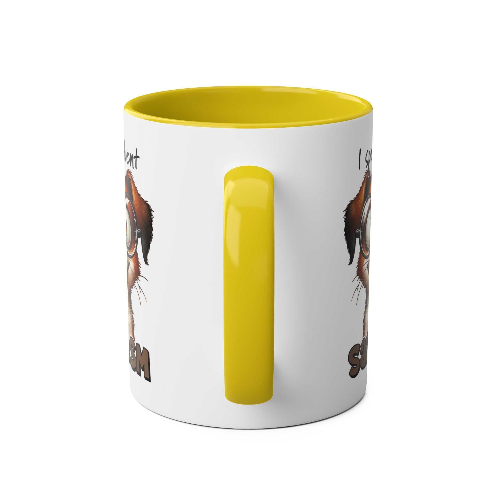 Quirky dog design on Sarcasm Coffee Mug with yellow handle and interior.