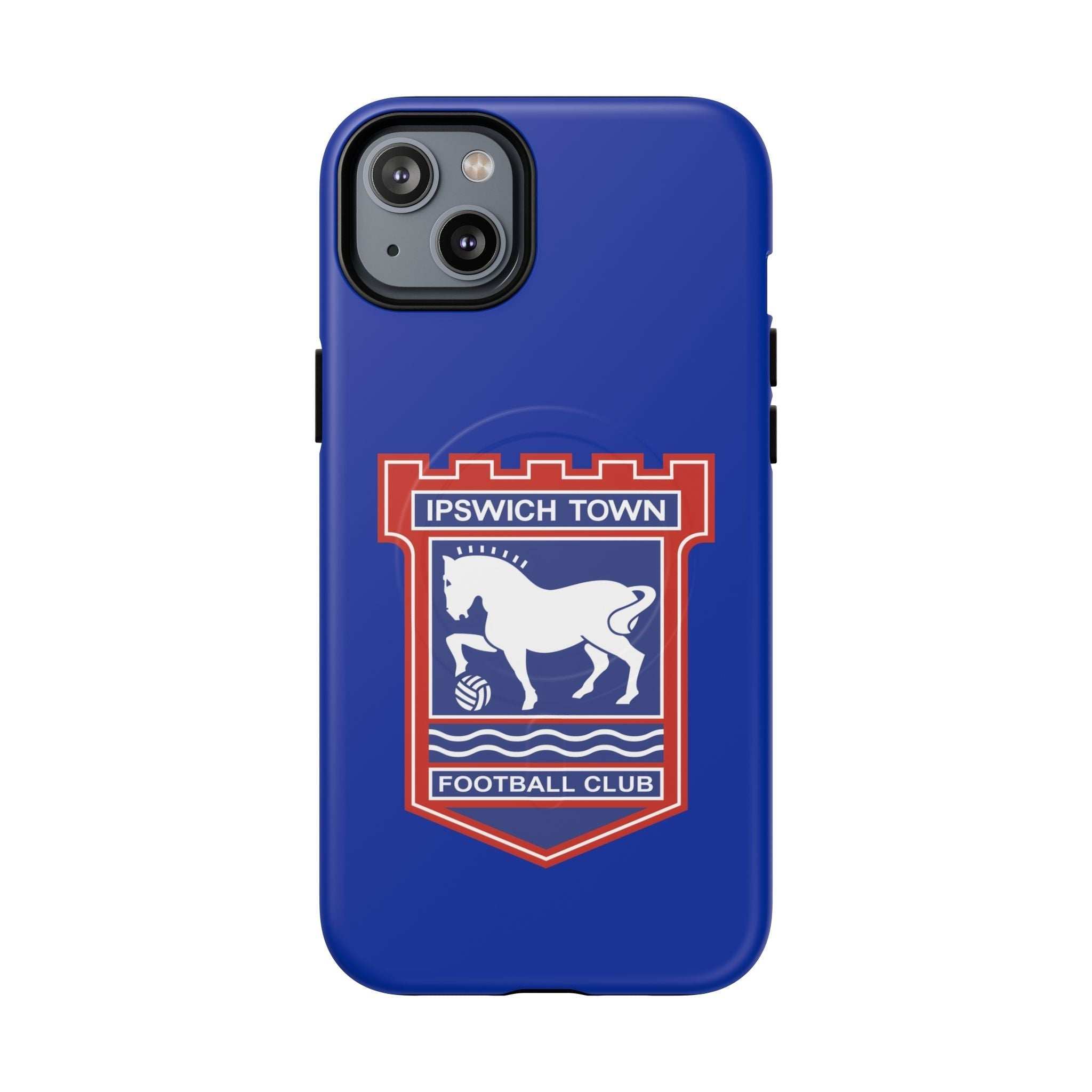Ipswich Town MagSafe iPhone case with club crest, blue protective dual-layer design, MagSafe compatible