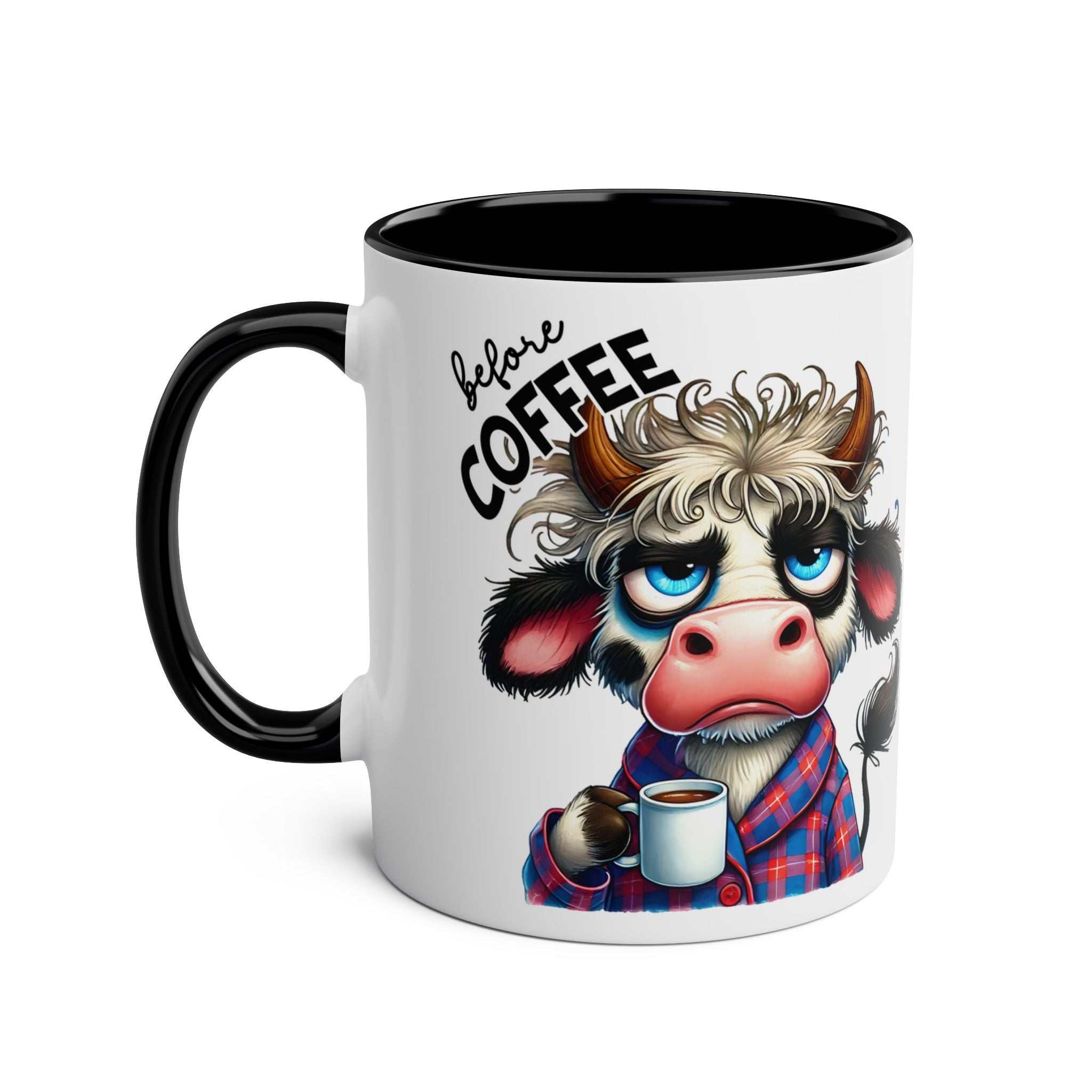 Fun Sarcastic Coffee Mug with humorous cow illustration and glossy finish.