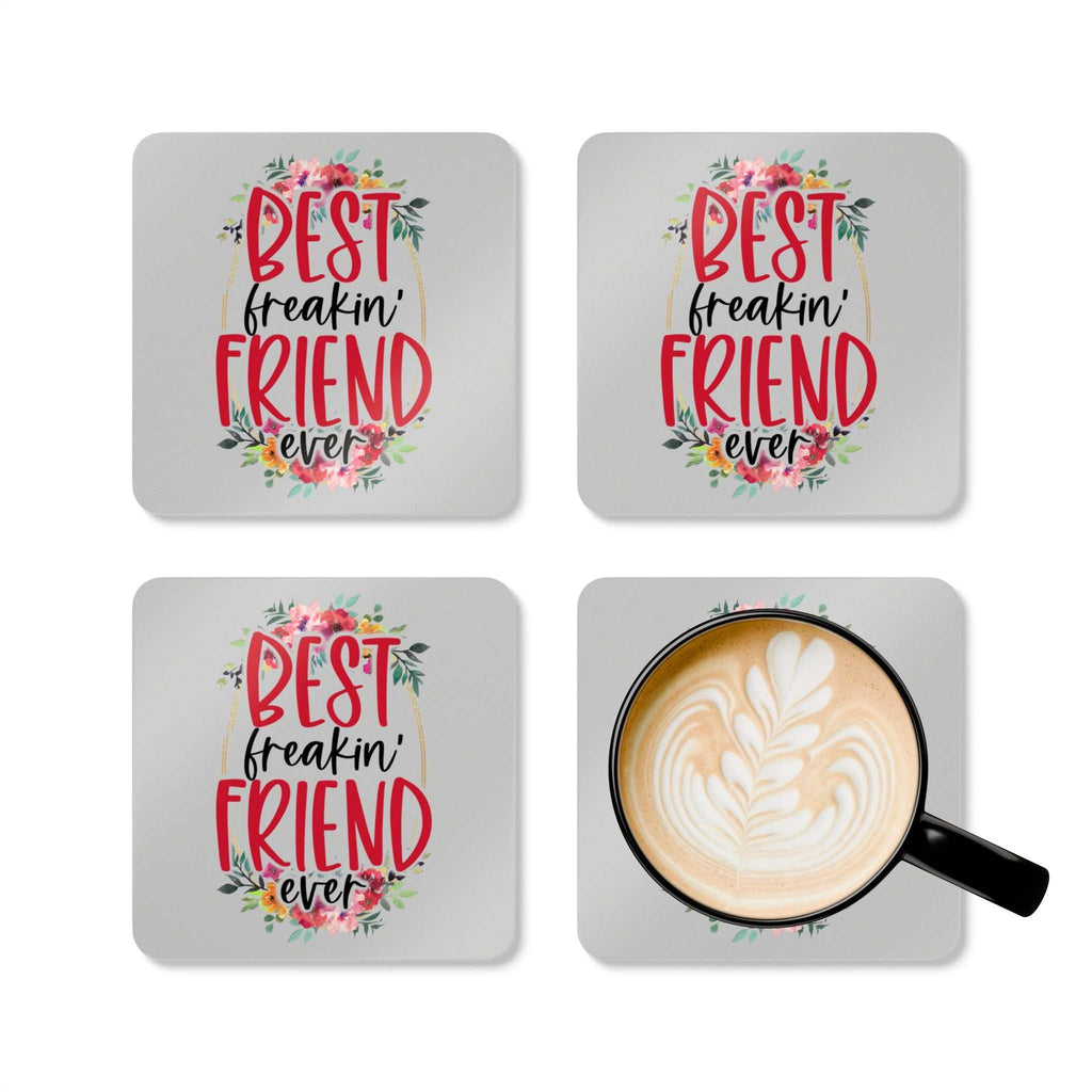 Best Freaking Friend Coaster Set with playful design and coffee cup.