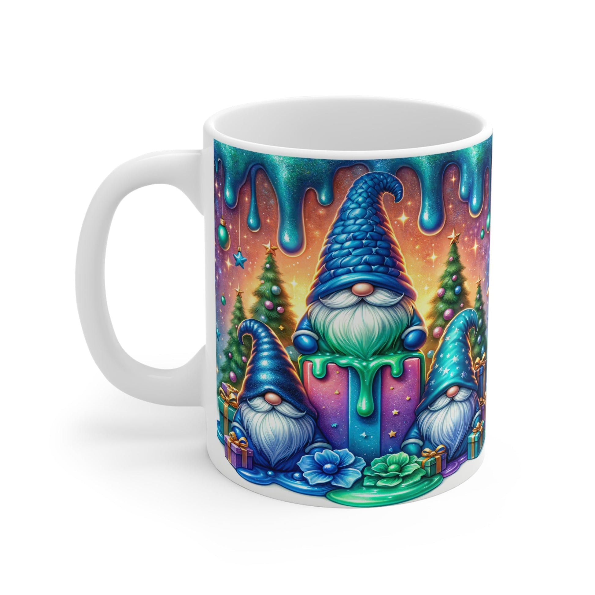 Christmas Gnome Mug with festive design, 11oz ceramic, glossy finish, microwave and dishwasher safe.