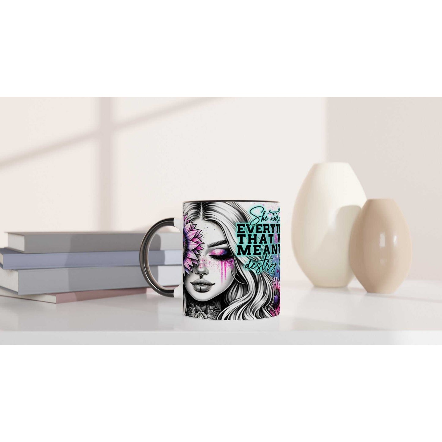 Motivational coffee mug with "She Overcame Everything" quote and colorful design, 11oz ceramic, microwave and dishwasher safe.