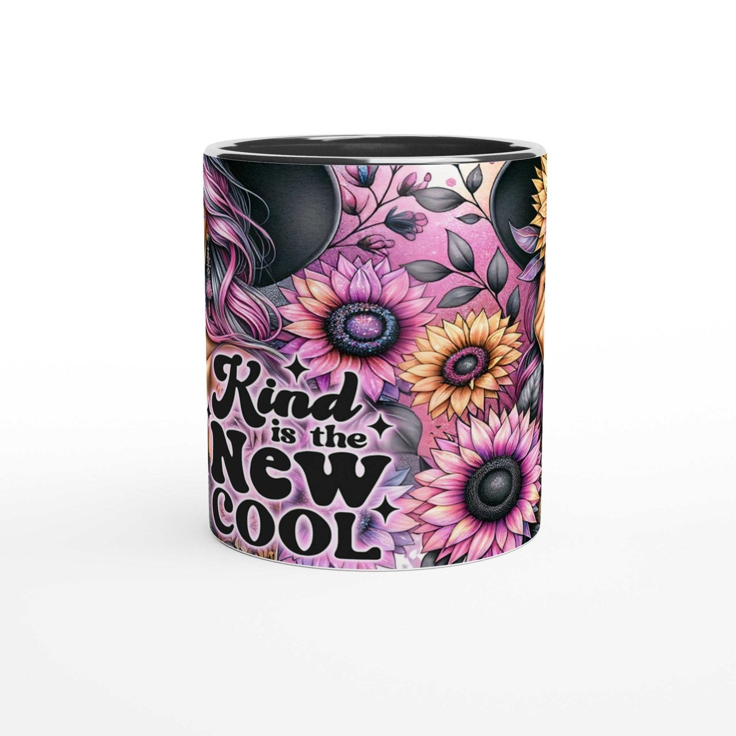 Kind Is The New Cool motivational ceramic coffee mug with colorful floral design.