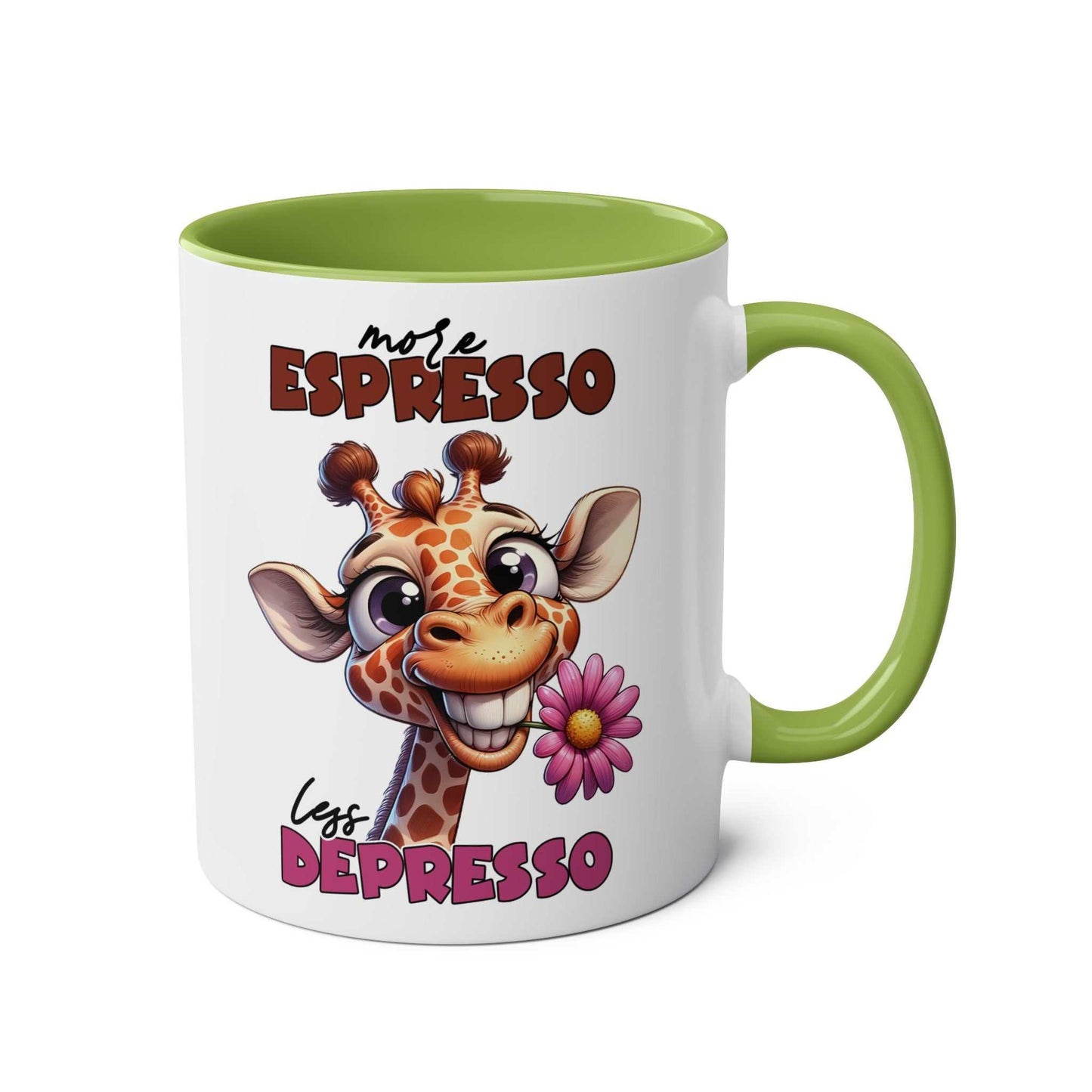 Giraffe-themed 'More Expresso Less Depresso' coffee mug with green handle and inside.