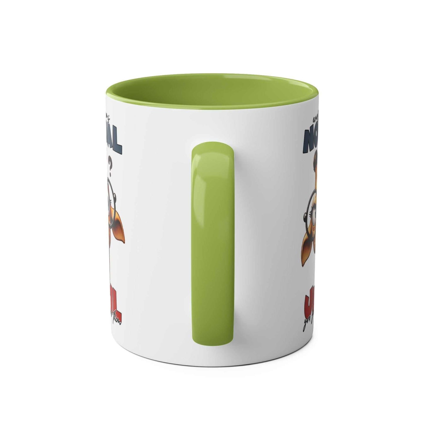 Giraffe design ceramic mug with green handle from Everyones Normal Coffee Mug collection.