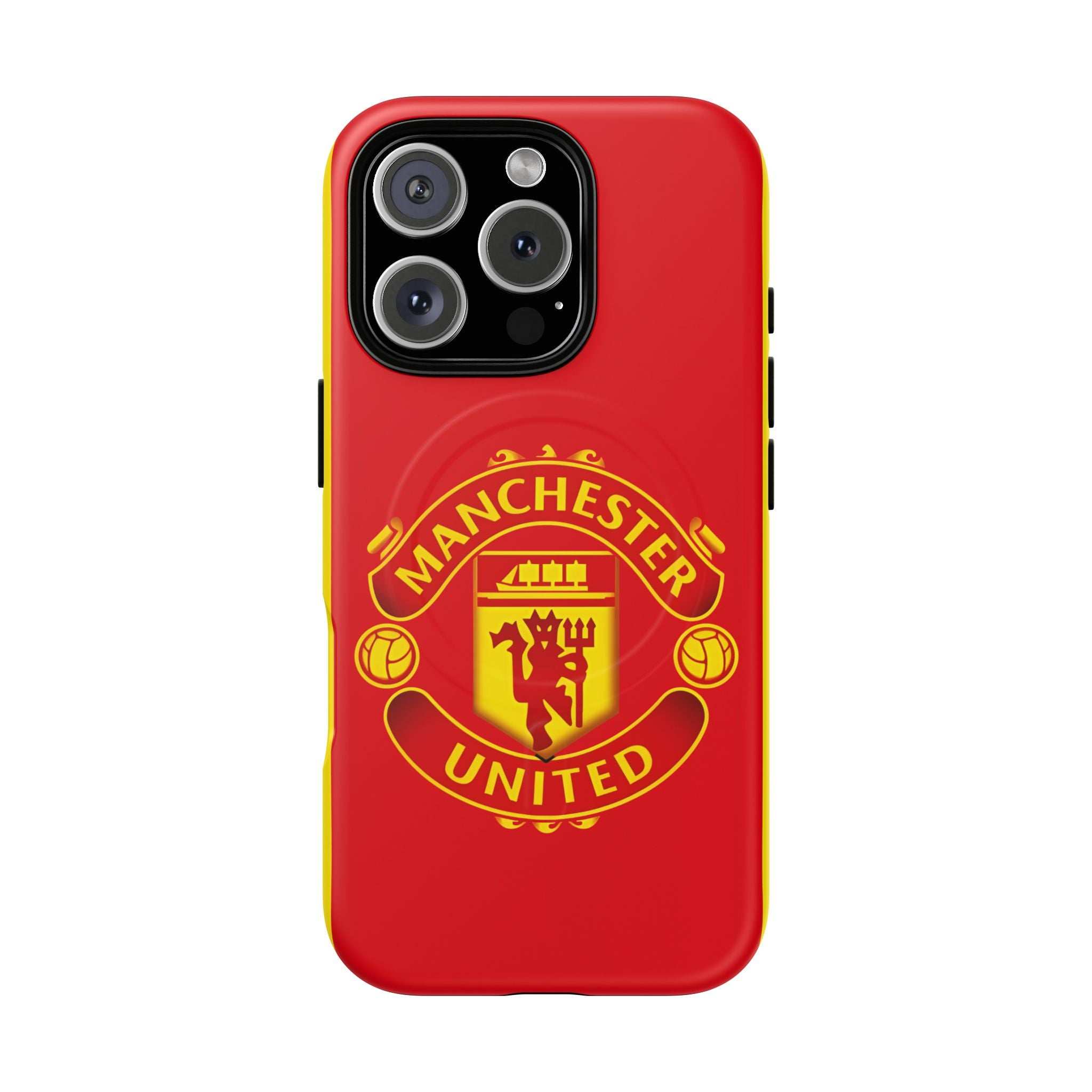 Red Manchester United MagSafe iPhone case with official-inspired club crest for protection and wireless charging compatibility