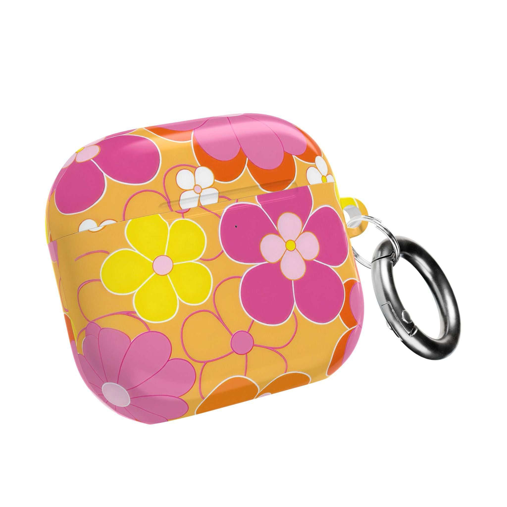 Retro floral AirPods protective case with vibrant pink, orange, and yellow flowers, hard shell and keyring attachment