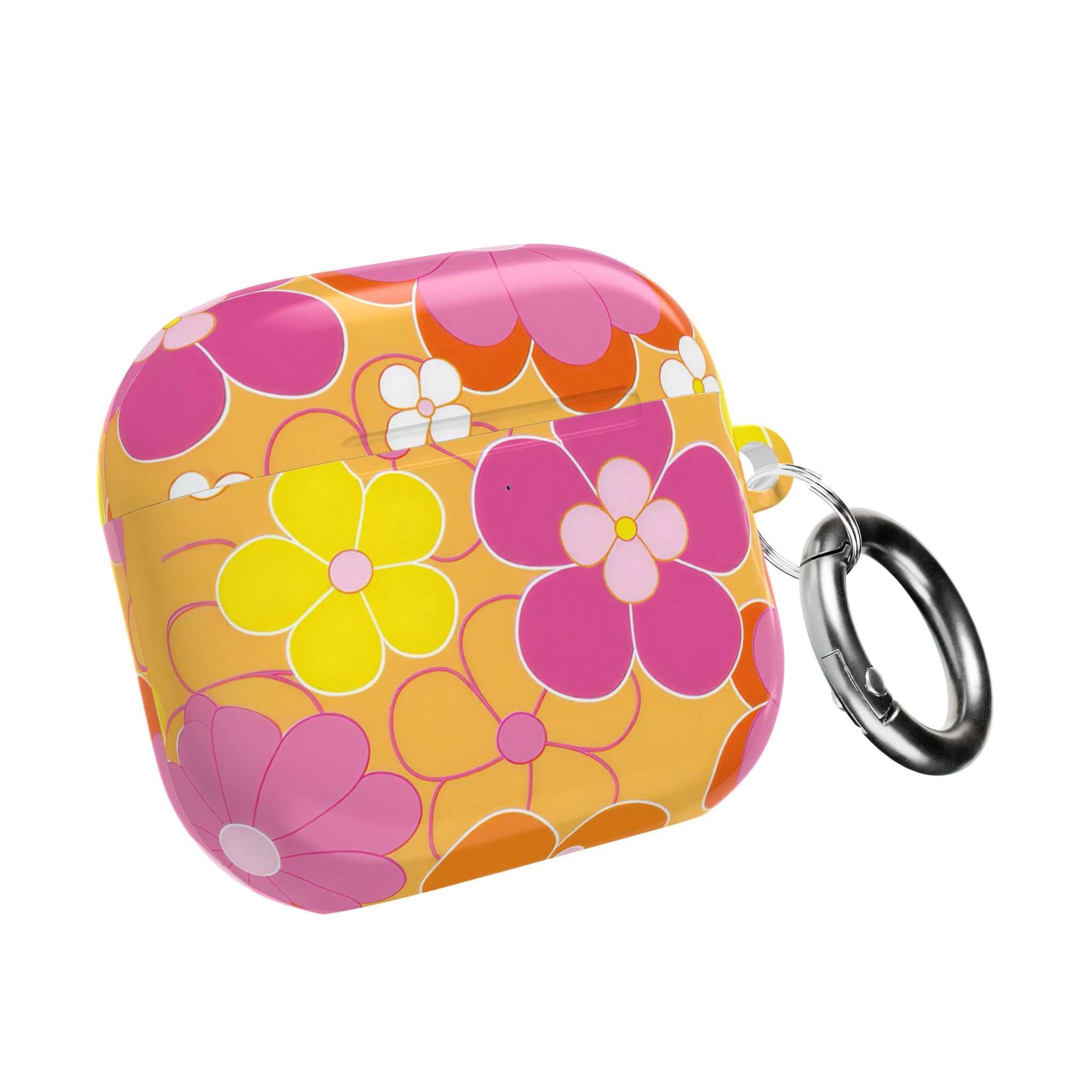 Retro floral AirPods protective case with vibrant pink, orange, and yellow flowers, hard shell and keyring attachment