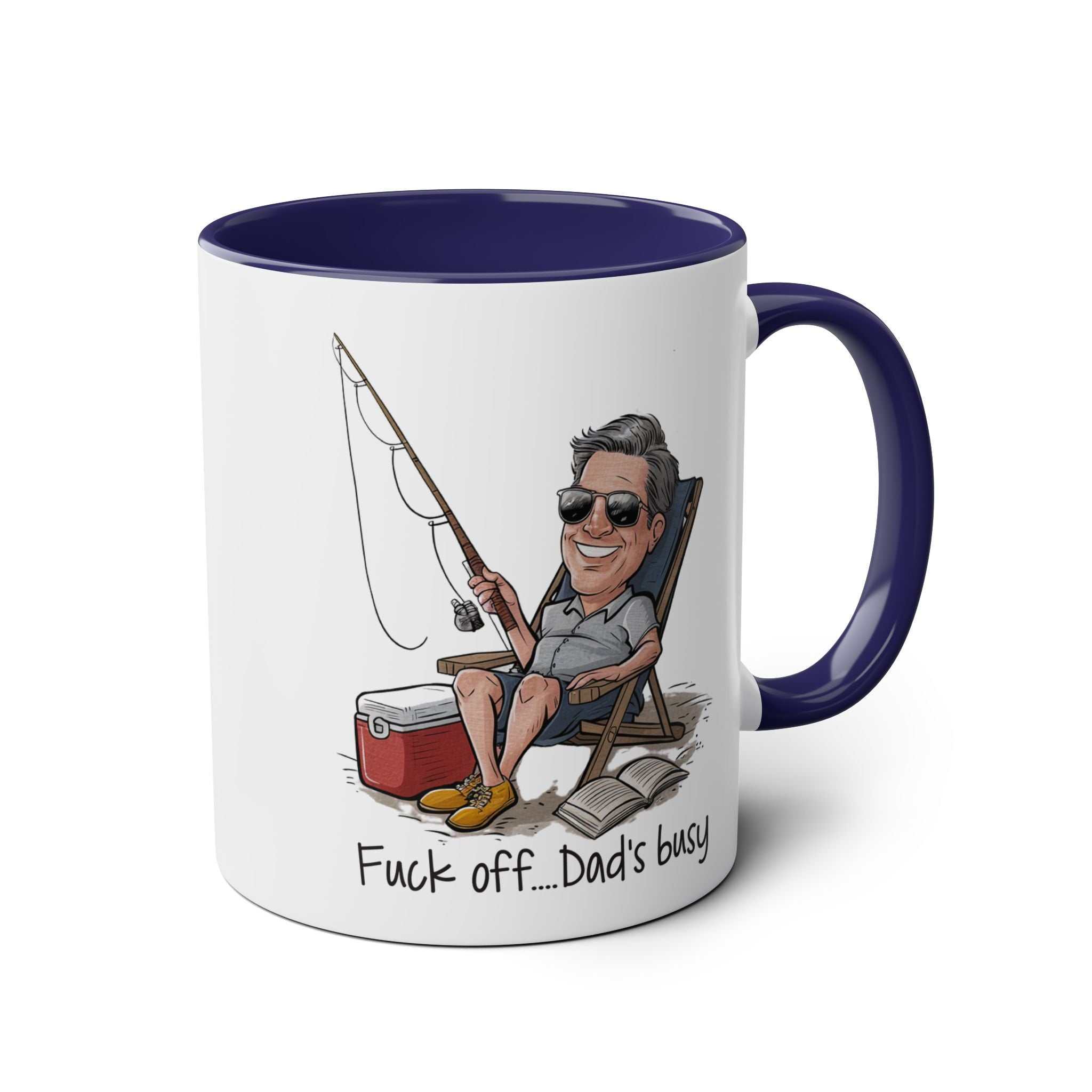 Fun Fathers Day Gift Mug with humorous fishing design and text, available in multiple colors, 11oz ceramic, microwave and dishwasher safe.