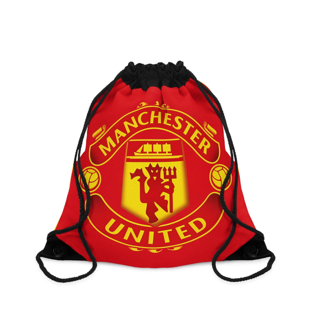 Manchester United drawstring bag in red and black with club crest, lightweight polyester, spacious and durable for sports and travel