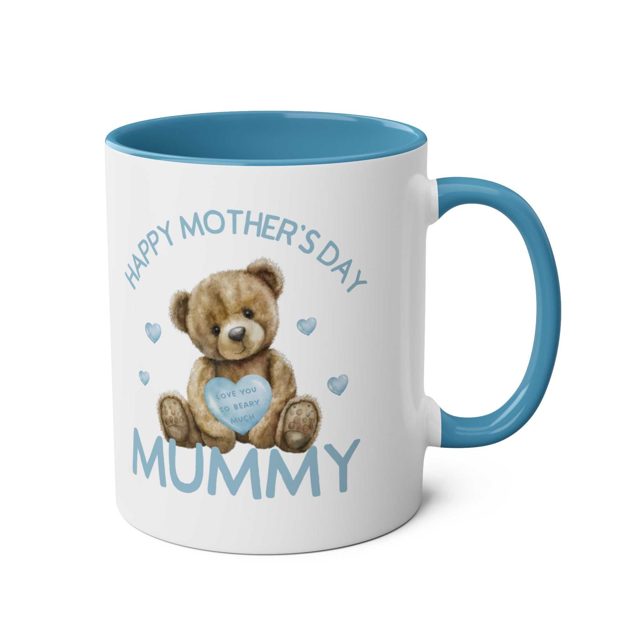 Adorable Mother's Day mug with cute bear design and blue interior.
