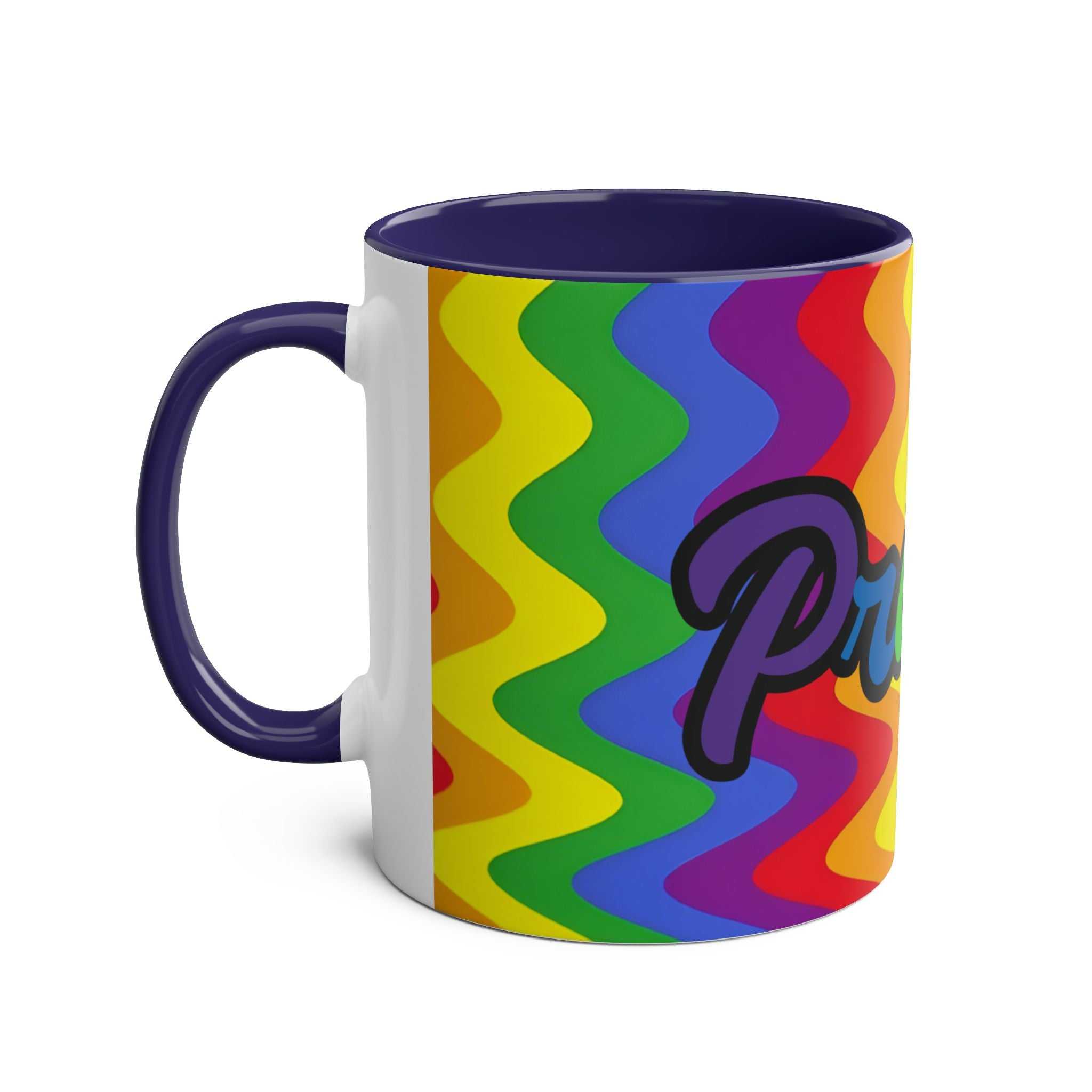 LGBTQ+ Pride mug with vibrant rainbow design, celebrating love and equality.