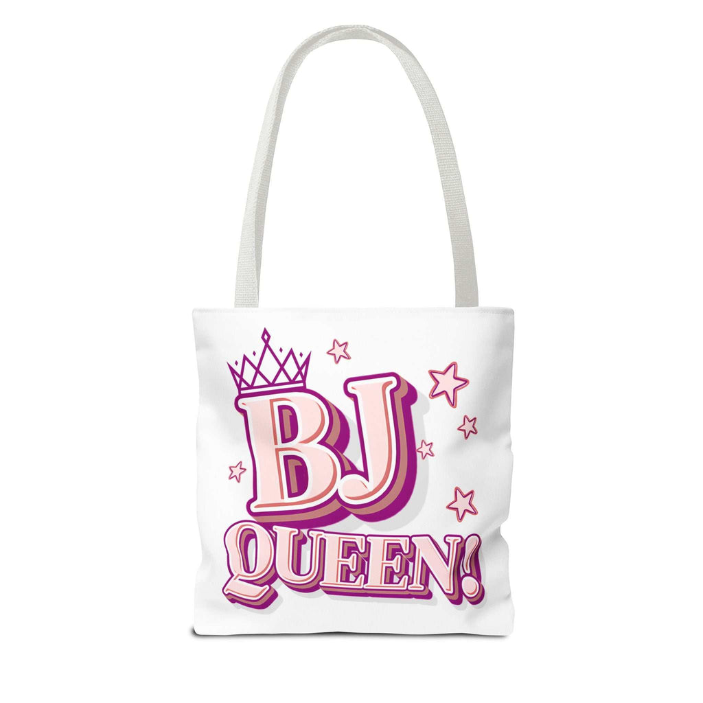 BJ Queen Tote Bag with cheeky design, durable spun polyester, multiple sizes, and colorful handles