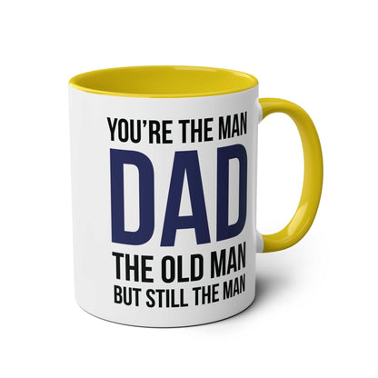 Fathers Day Gift Mug with playful text, yellow interior, 11oz ceramic, glossy finish.