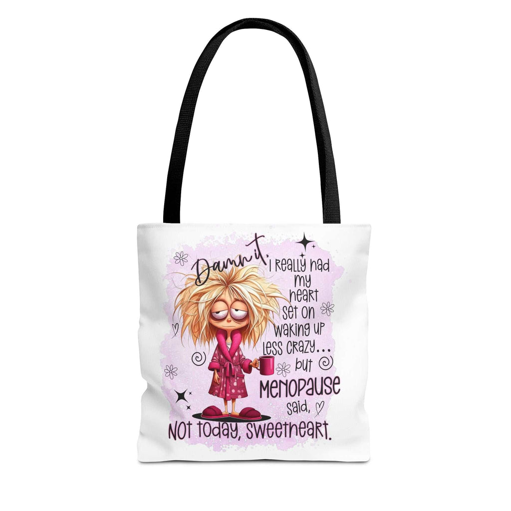 Cheeky Menopause Humour Tote Bag with multiple sizes and handle colors, durable polyester and playful design