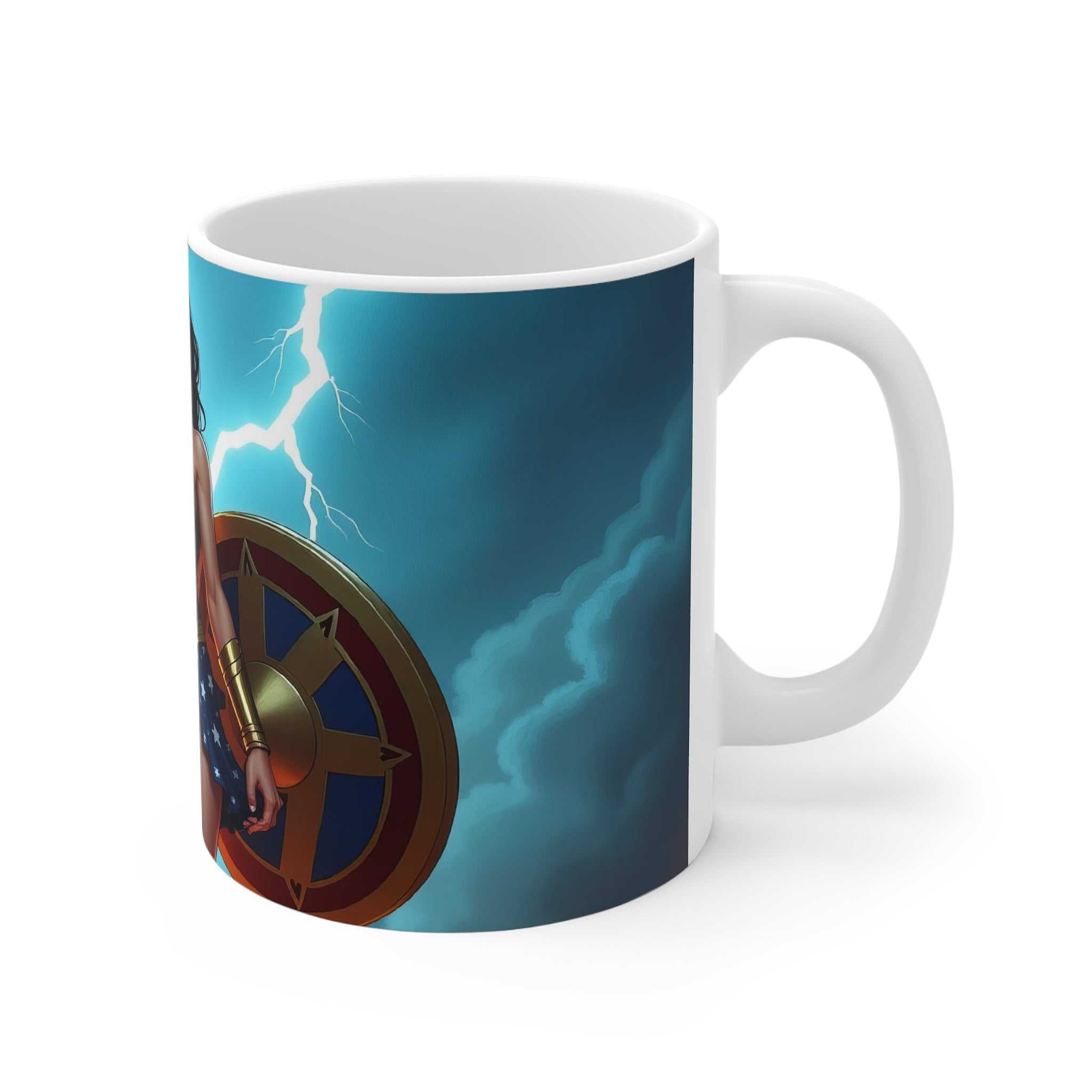 White ceramic Wonder Woman inspired coffee mug with superhero shield and lightning design against a stormy sky background