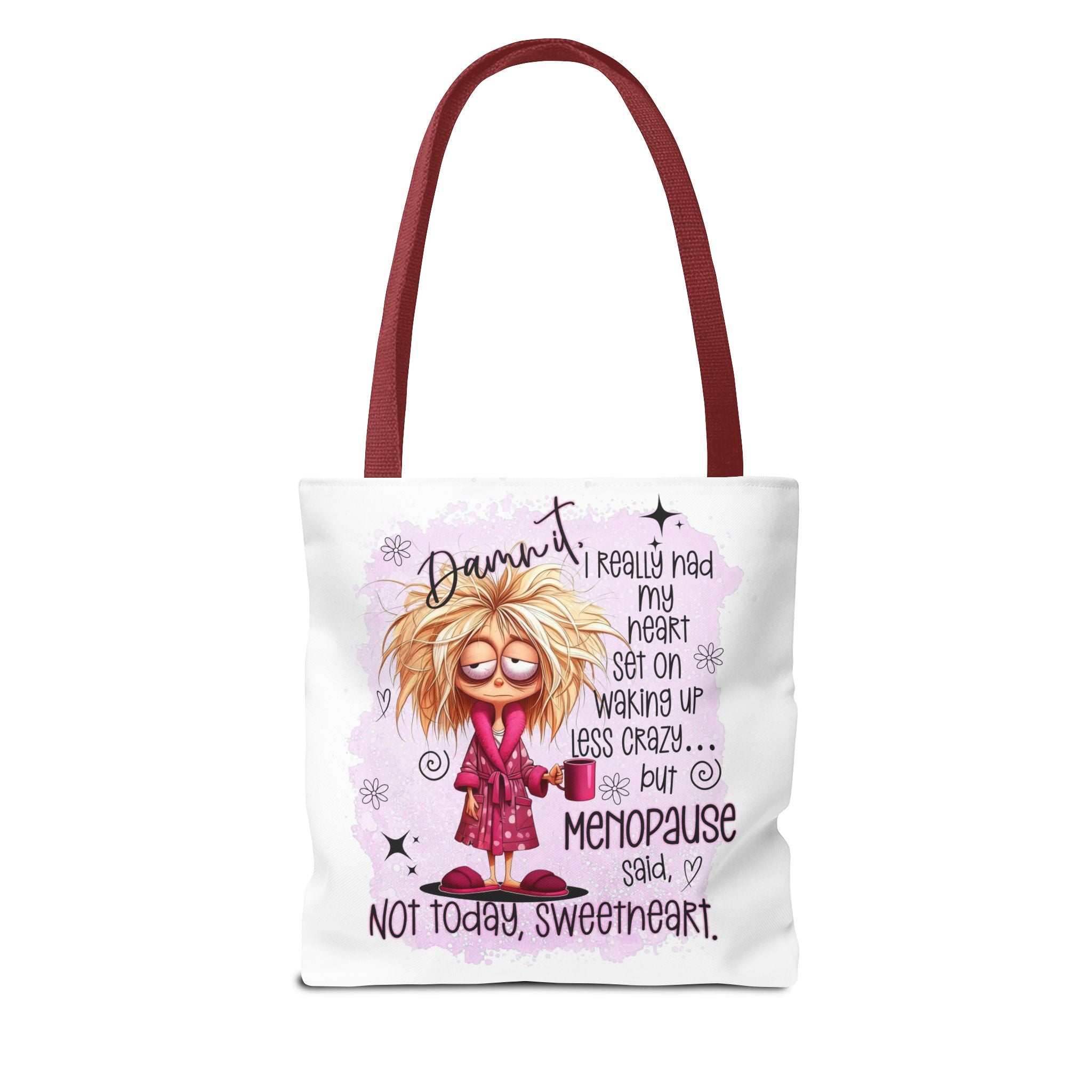 Cheeky Menopause Humour Tote Bag with durable polyester fabric and colorful handles for everyday use