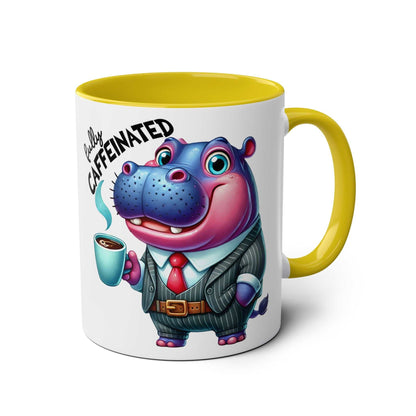 Colorful ceramic mug with cartoon hippo design and funny text, perfect for sarcastic coffee lovers.