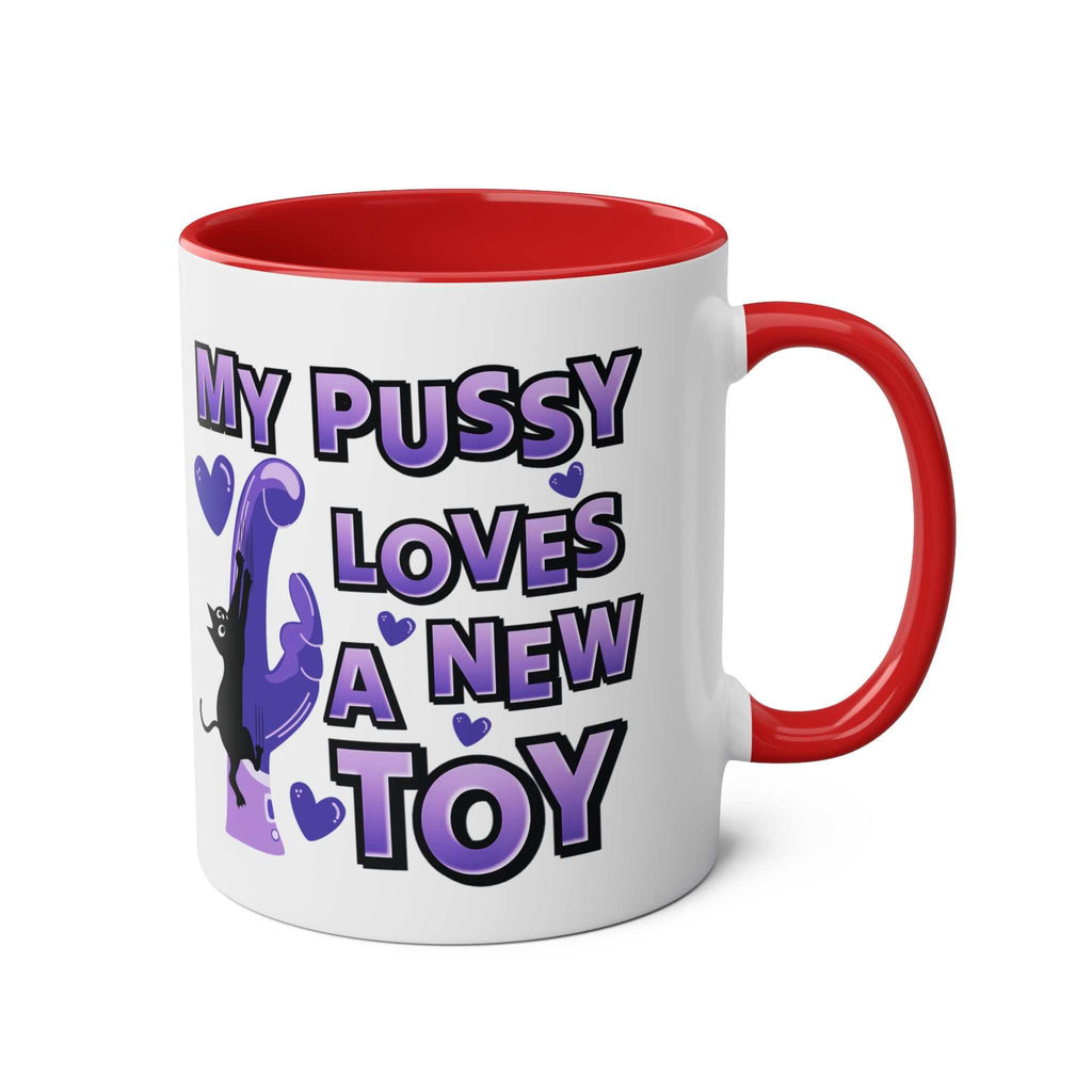 Cheeky Fun Coffee Mug white ceramic with red handle and inside, featuring humorous playful text and cat graphic design