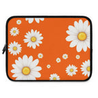 Orange laptop sleeve with white daisy flower design, durable neoprene, soft foam lining, dual zipper, lightweight and waterproof protection for laptops.