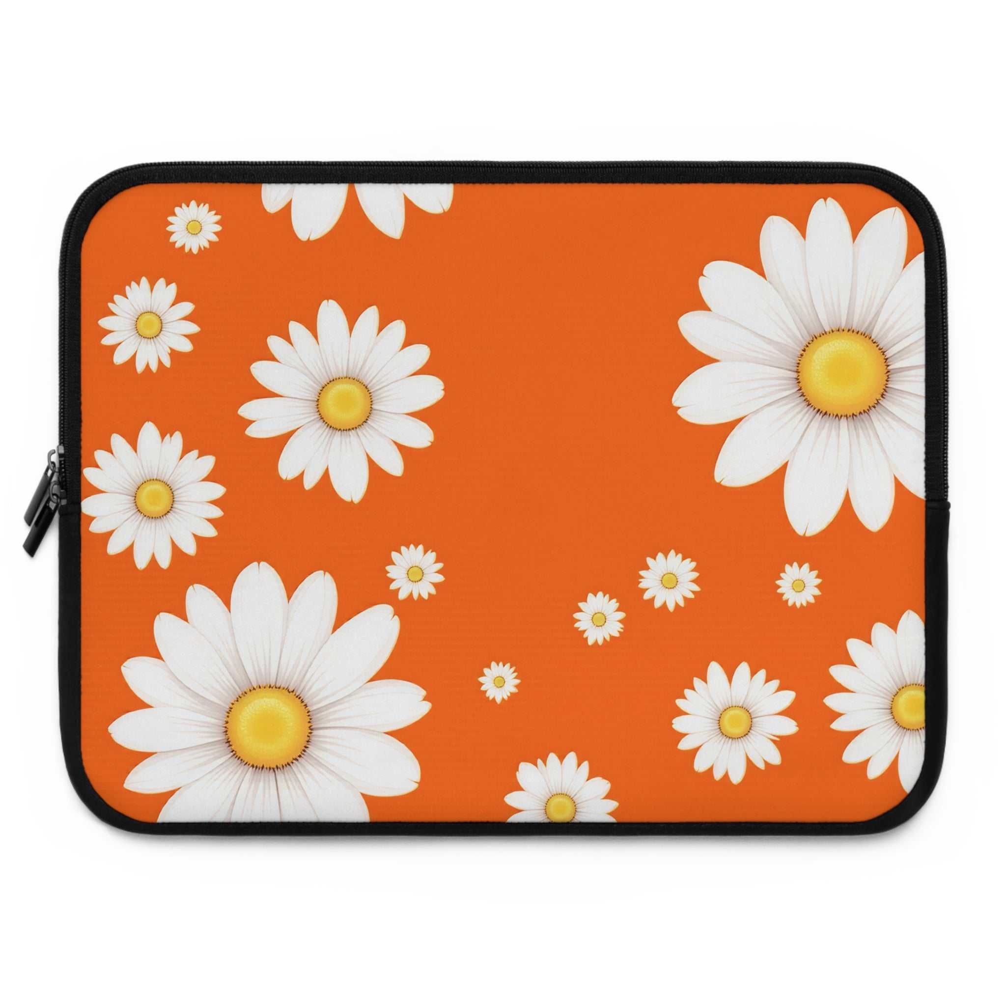 Orange laptop sleeve with white daisy flower design, durable neoprene, soft foam lining, dual zipper, lightweight and waterproof protection for laptops.