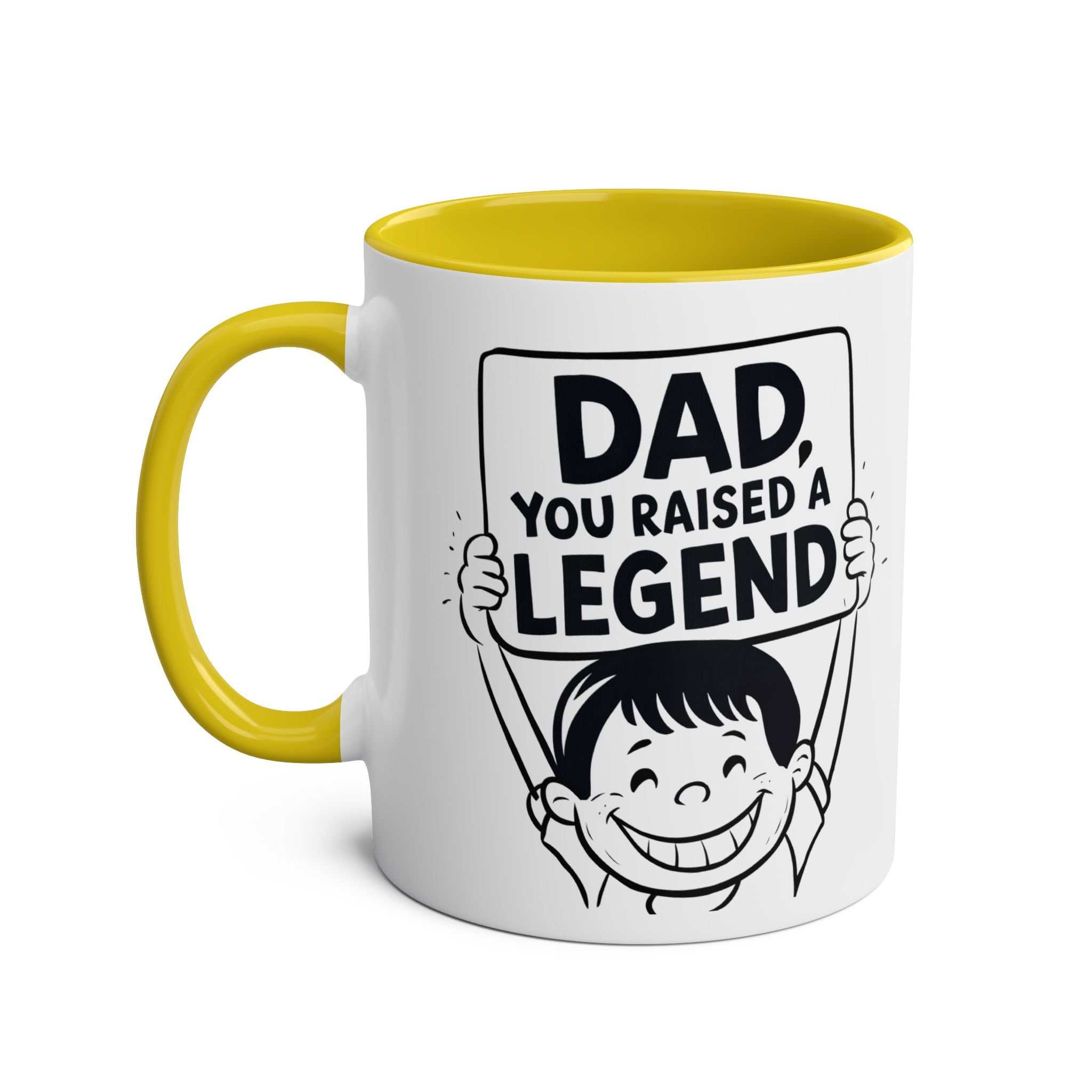 Yellow and white "Dad, You Raised a Legend" Fun Fathers Day Gift Mug with cartoon design.