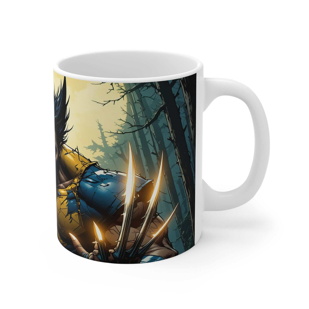 Wolverine-inspired superhero ceramic coffee mug with glossy finish and claw artwork, microwave and dishwasher safe, 11oz capacity