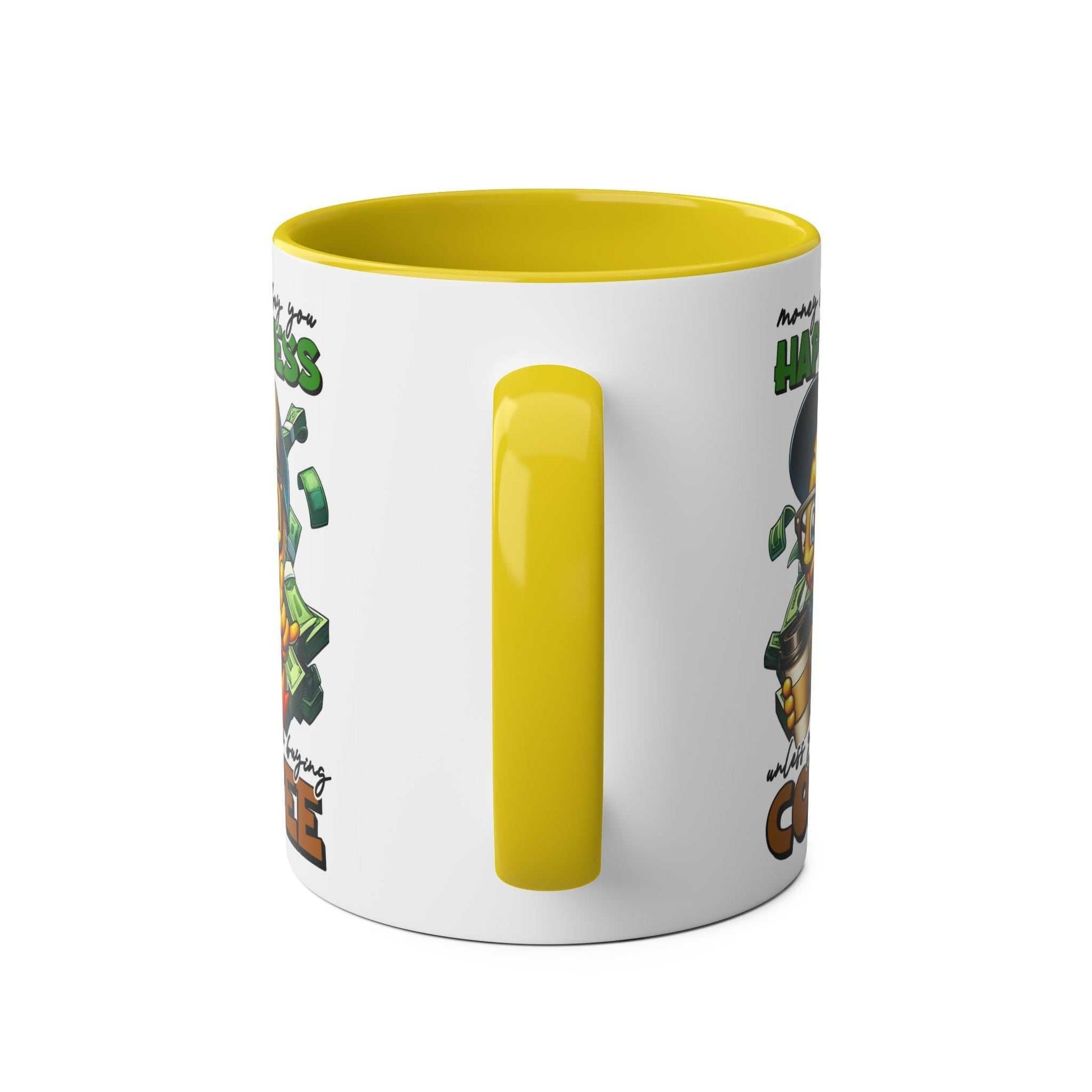 Happiness Coffee Mug with cheerful duck illustration, yellow handle, and glossy finish.