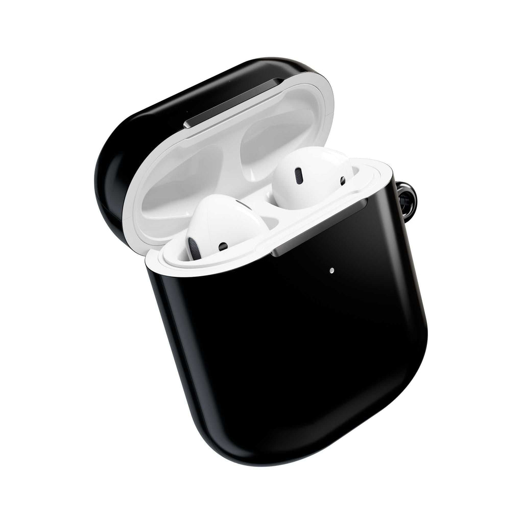 Black glossy hard shell protective case for AirPods and AirPods Pro, lightweight and durable.