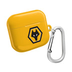 Wolves FC AirPods protective case in gold with wolf crest and carabiner clip