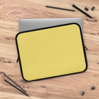 Lemon yellow neoprene laptop sleeve with black trim, soft foam lining, dual zippers, lightweight, waterproof, suitable for 13 to 17 inch laptops