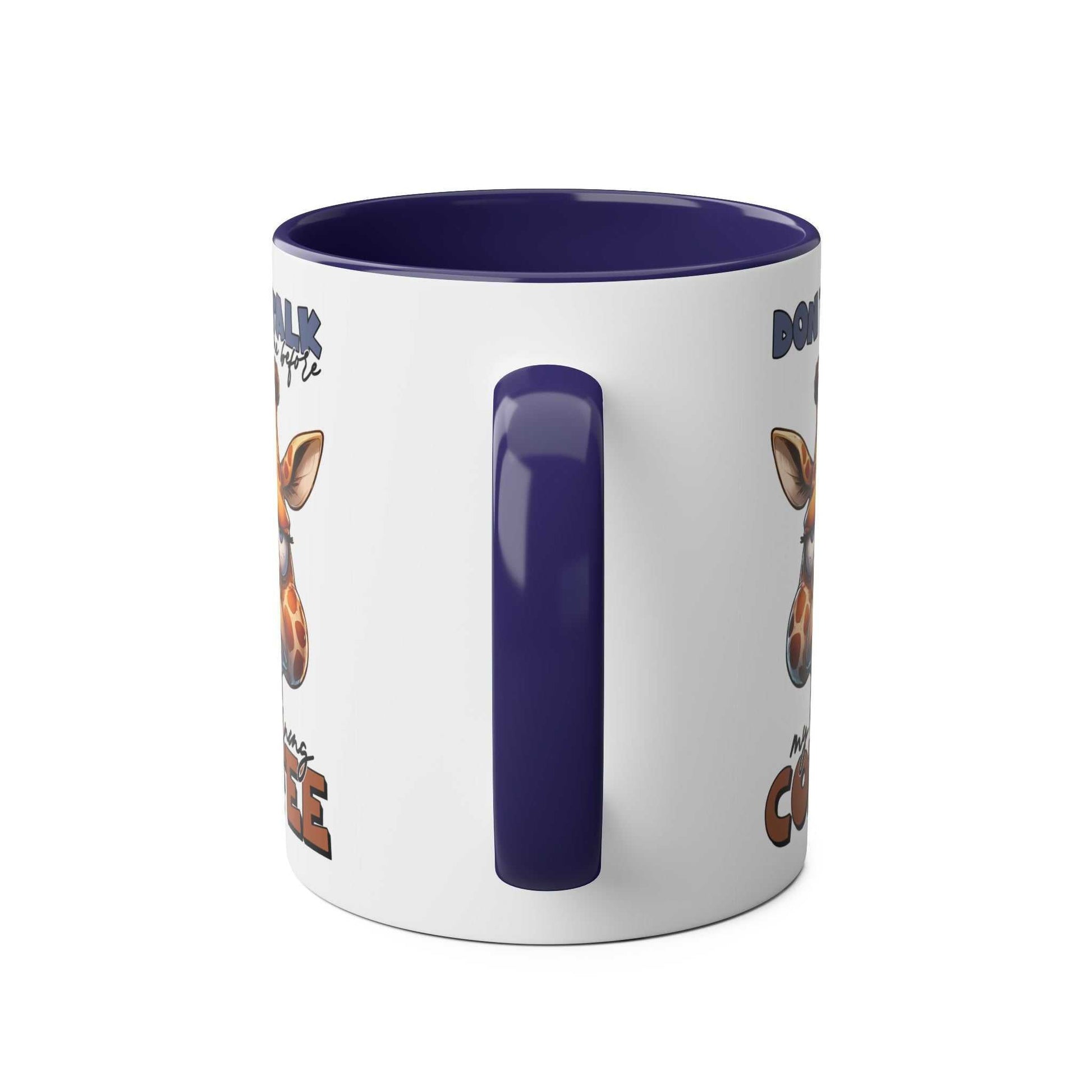 Dont Talk To Me coffee mug with giraffe design, blue interior, glossy finish, ceramic, available in multiple colors.