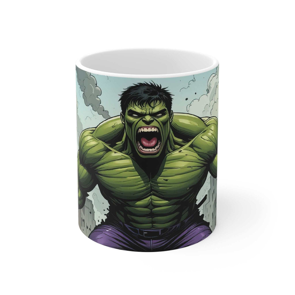 Hulk Superhero Coffee Mug with vibrant Hulk design on 11oz ceramic, glossy finish, microwave and dishwasher safe