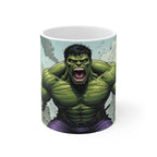 Hulk Superhero Coffee Mug with vibrant Hulk design on 11oz ceramic, glossy finish, microwave and dishwasher safe