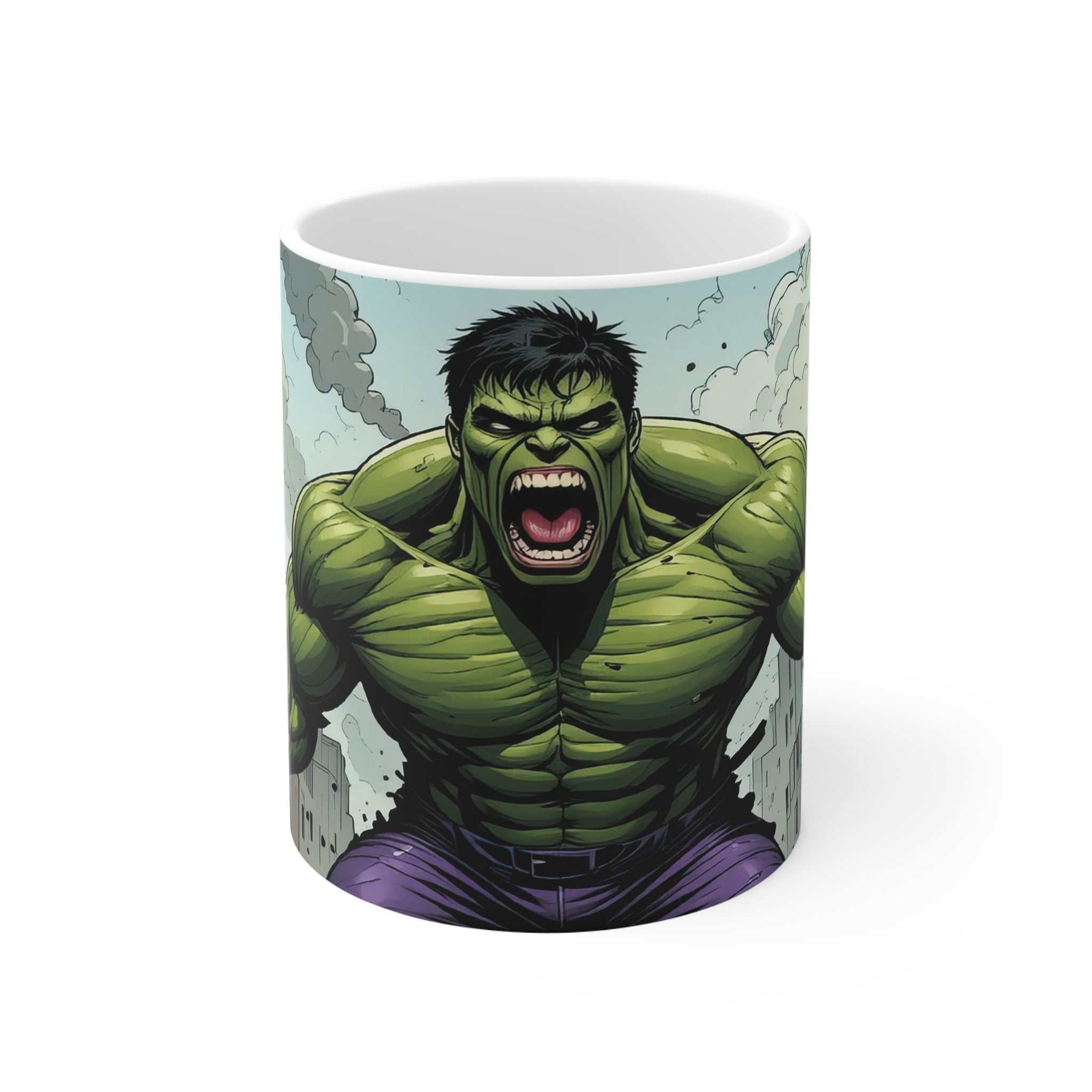Hulk Superhero Coffee Mug with vibrant Hulk design on 11oz ceramic, glossy finish, microwave and dishwasher safe