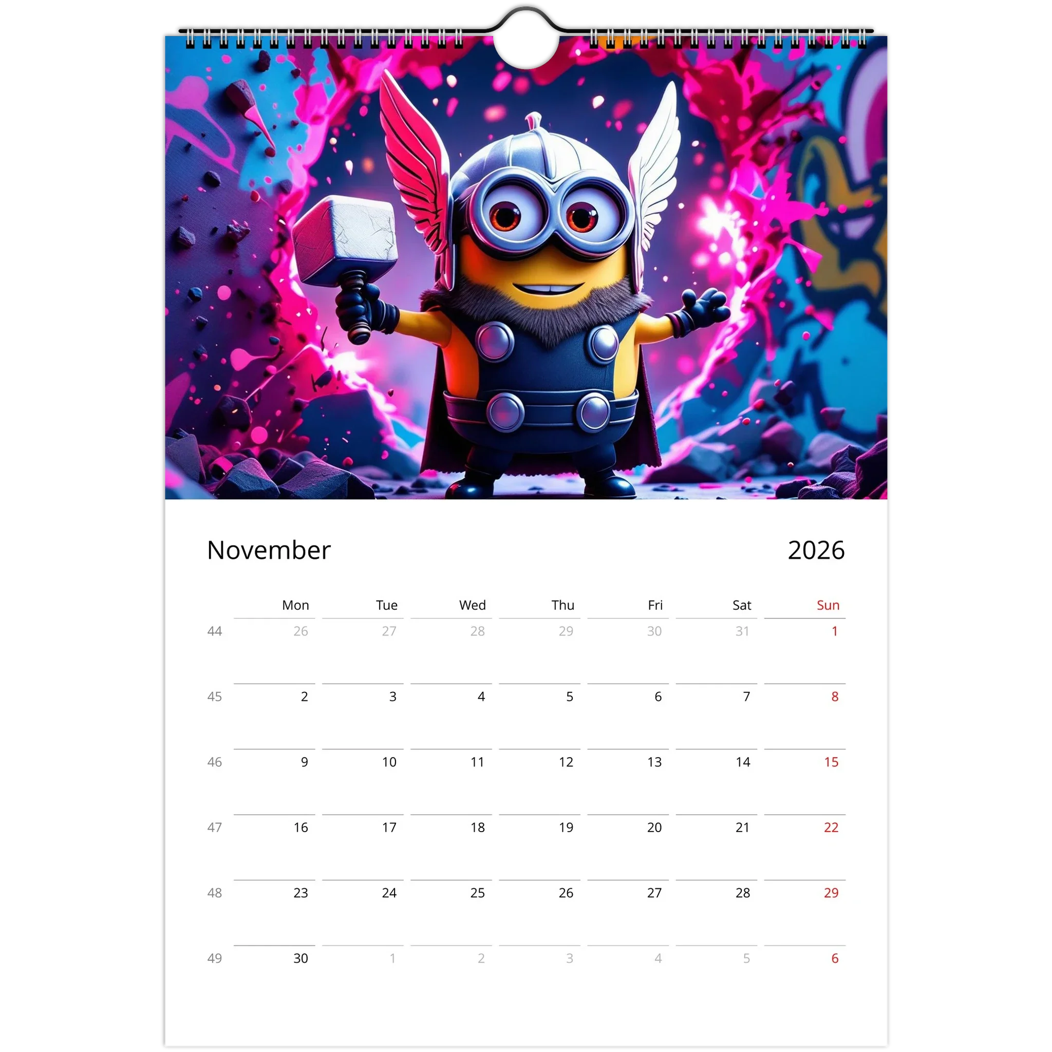 2026 Minions Superhero Wall calendar November page with gloss finish and colorful superhero-themed Minion illustration