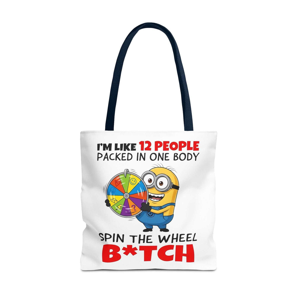 Funny Minion tote bag with cheeky design and colorful handles, available in three sizes, made of durable spun polyester