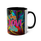 LGBTQ+ Pride Mug with colorful rainbow design and "Joy Love Bliss" message.