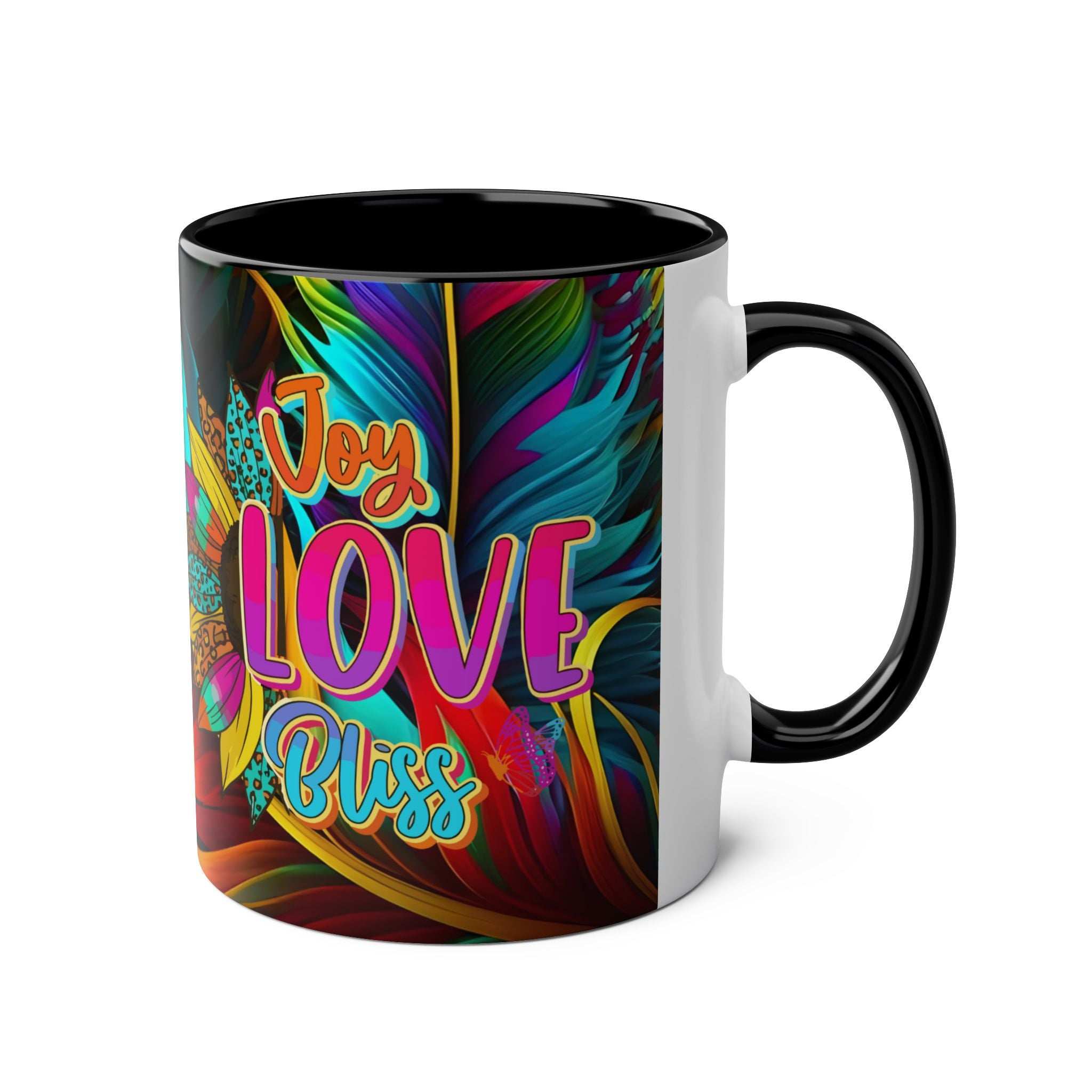 LGBTQ+ Pride Mug with colorful rainbow design and "Joy Love Bliss" message.