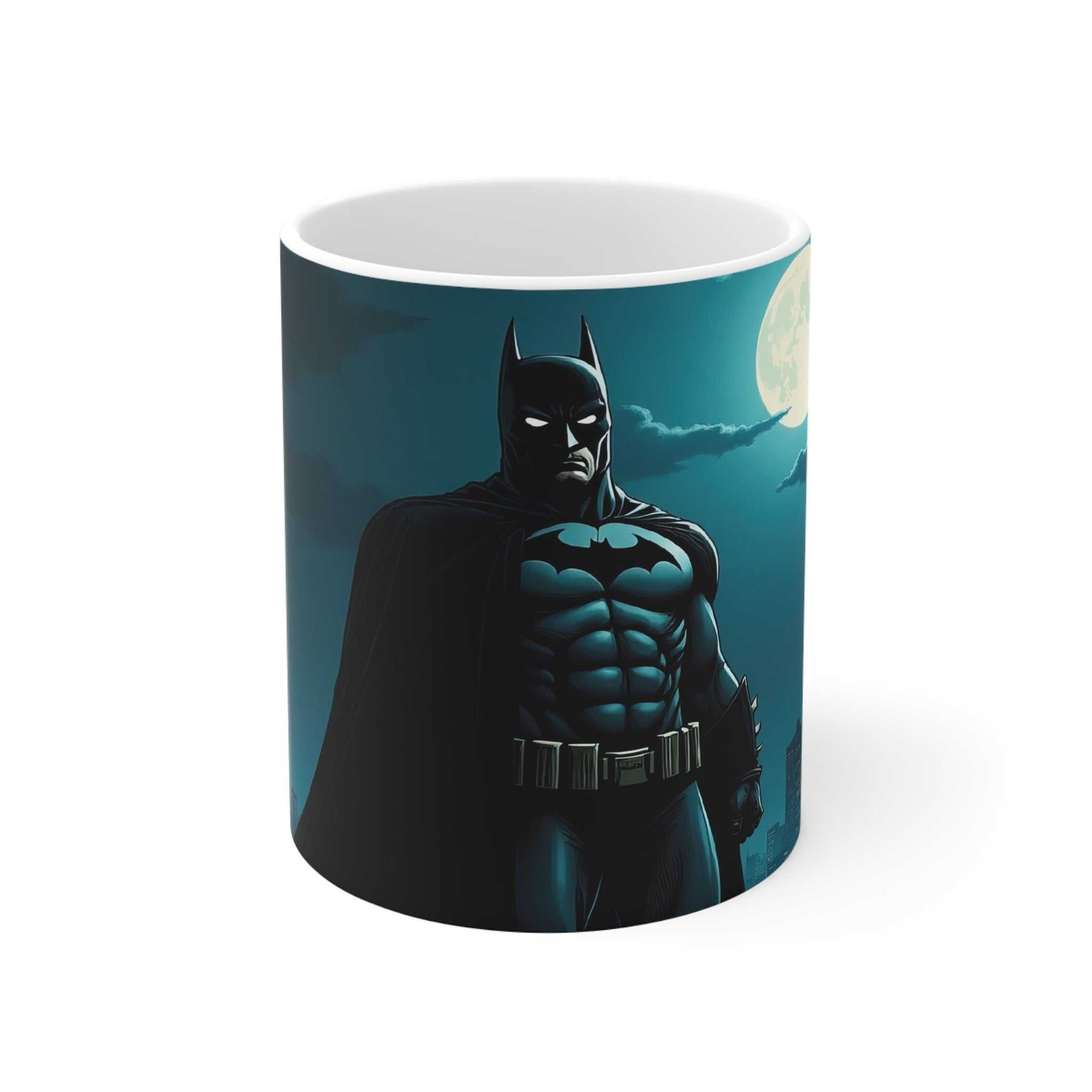 Batman Inspired Dark Knight Mug with glossy finish and durable ceramic featuring Gotham's caped crusader under a full moon design.