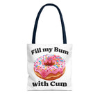 Provocative Donut Tote Bag with cheeky print and colorful handles, durable spun polyester, reusable and lightweight design.