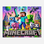 Vibrant Minecraft wall canvas with iconic pixelated scene featuring characters and landscape.