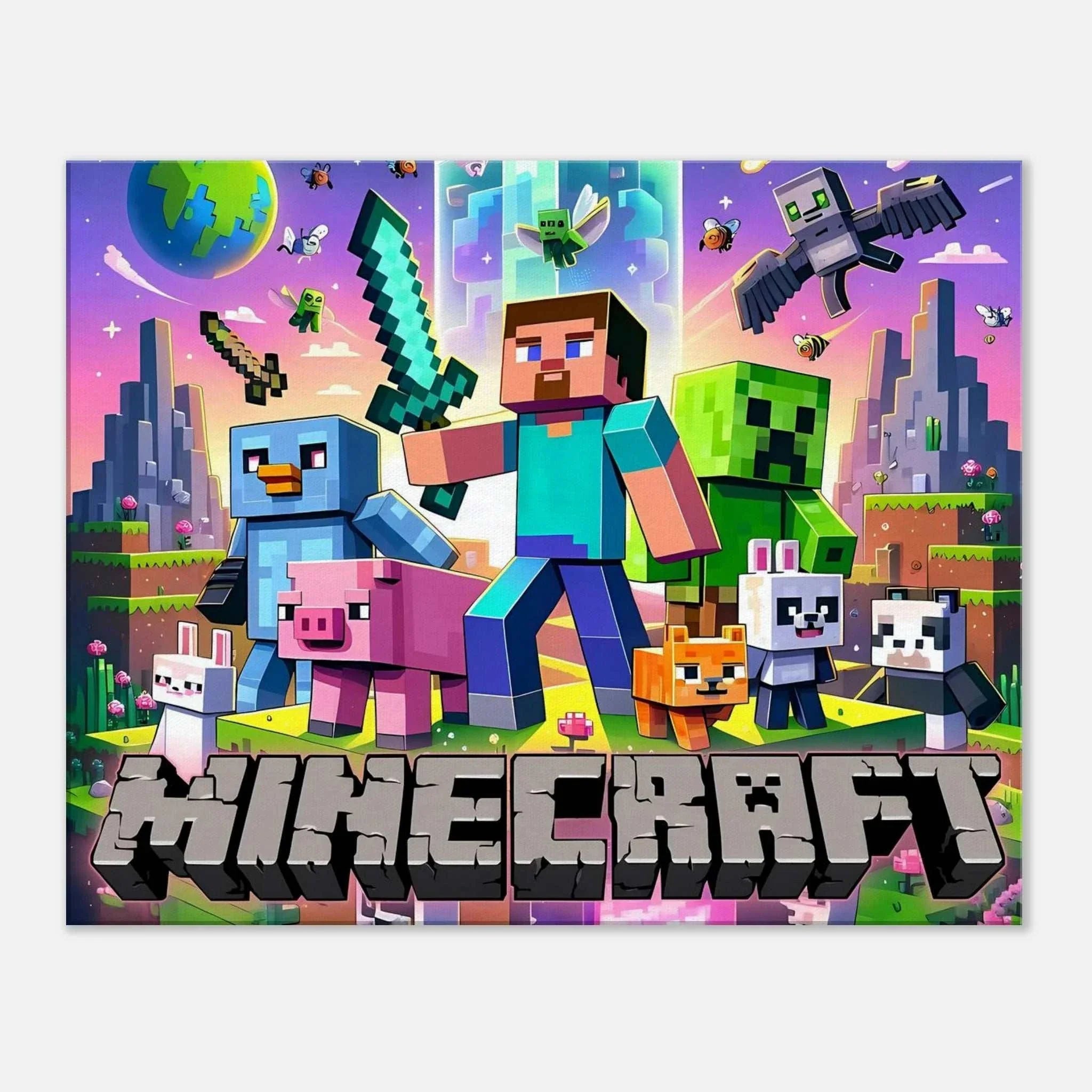 Vibrant Minecraft wall canvas with iconic pixelated scene featuring characters and landscape.