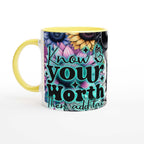 Know Your Worth motivational coffee mug with vibrant design and colorful handle, 11oz ceramic, microwave and dishwasher safe.