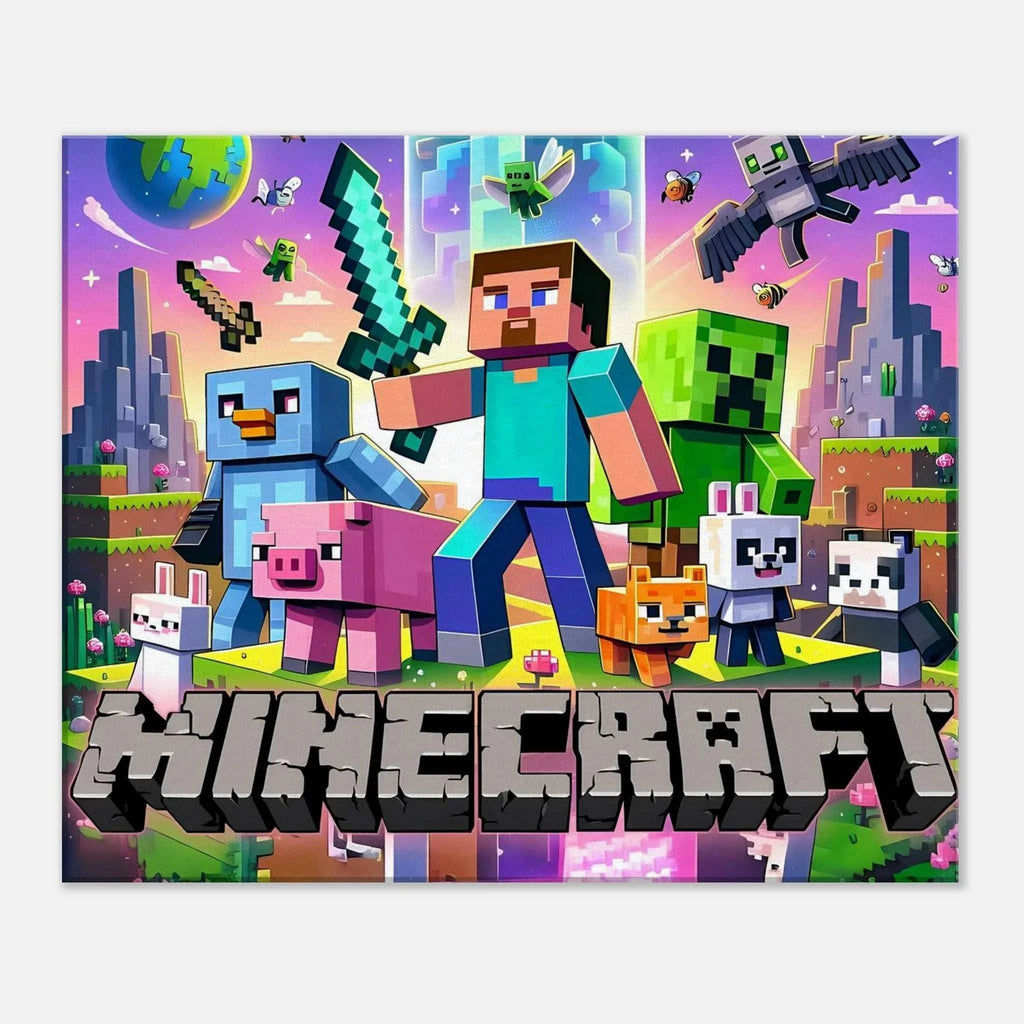 Vibrant Minecraft wall canvas featuring iconic pixelated scenes and characters.