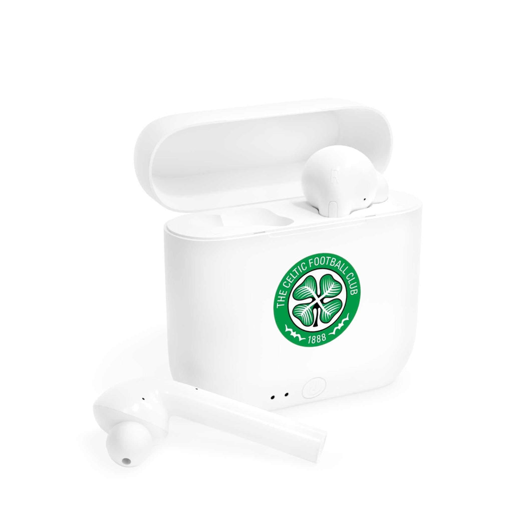 White Celtic Fc Wireless Essos Earbuds with charging case featuring fan-inspired Celtic Football Club crest design