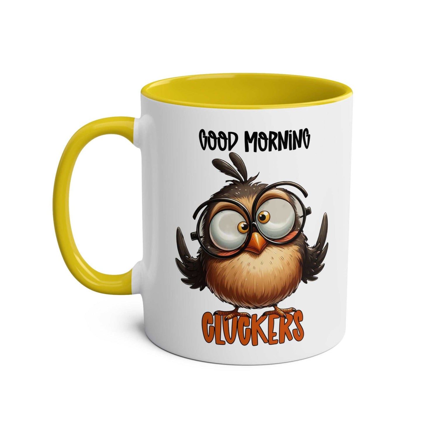 Morning Cluckers Coffee Mug with cartoon owl design, yellow interior, and handle.