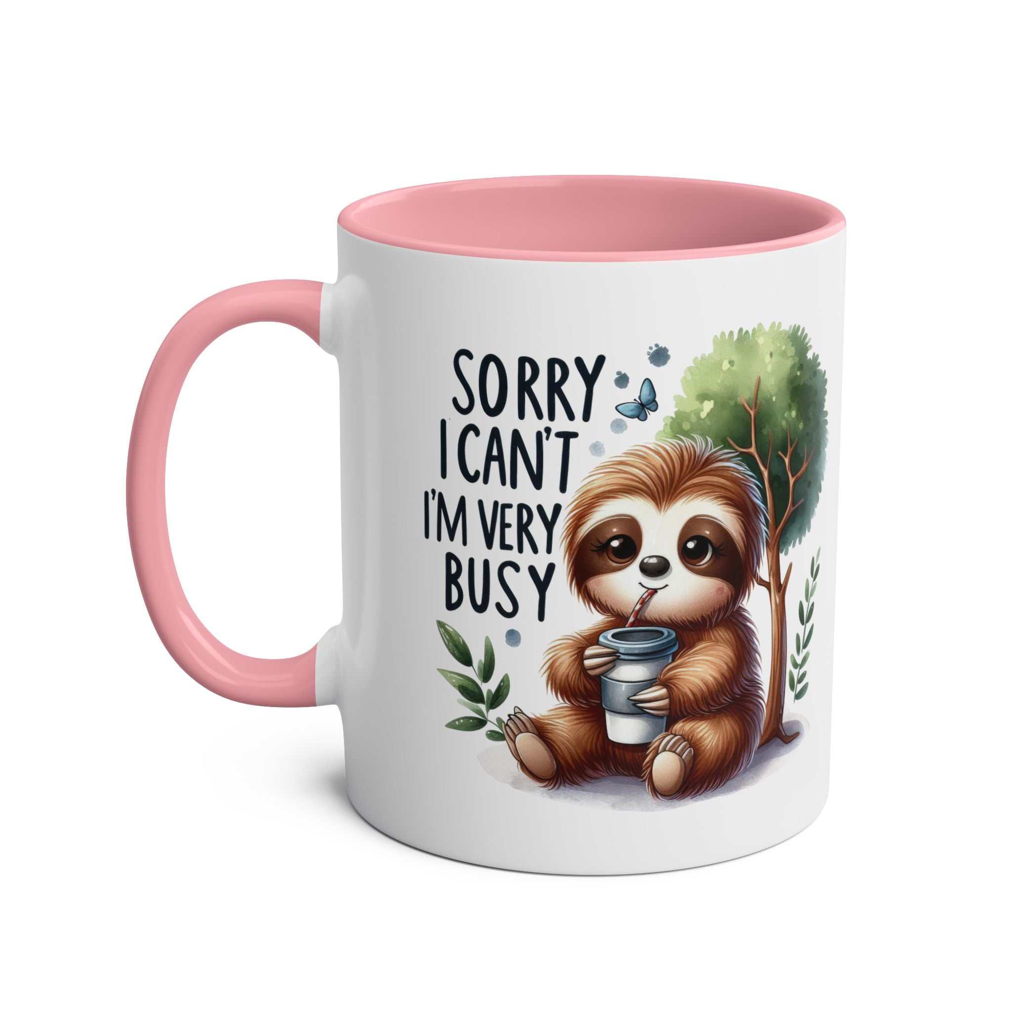 Cute sloth coffee mug with whimsical design and pink handle.